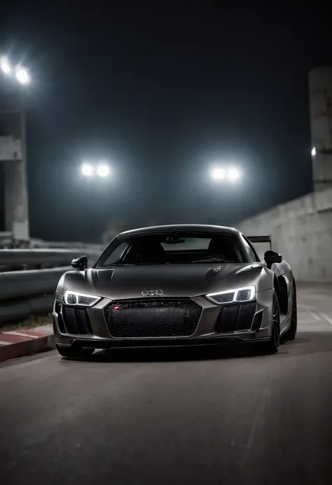 Detailed raw HD photo medium-distance photo of a (full carbon Audi R8 Racecar) with a big spoiler, race decals, racing inside a garage (darkly lit, dimly lit, discreet) grunge, menacing urban environment, metal tubes, concreating, decay, micro-details, hyp...