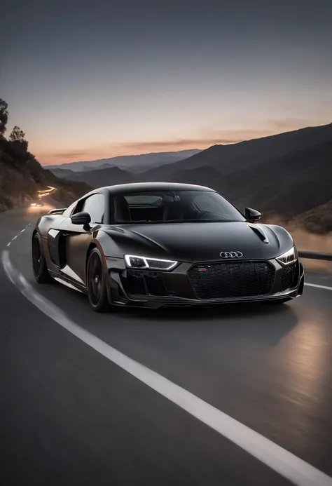 Detailed raw HD photo medium-distance photo of a (full carbon Audi R8 Racecar) with a big spoiler, race decals, racing up a mountain on a curved road looking over a (darkly lit, dimly lit, discreet) grunge city, , menacing urban environment, metal tubes, c...