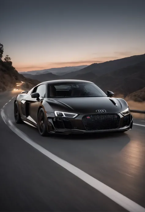 Detailed raw HD photo medium-distance photo of a (full carbon Audi R8 Racecar) with a big spoiler, race decals, racing up a mountain on a curved road looking over a (darkly lit, dimly lit, discreet) grunge city, , menacing urban environment, metal tubes, c...