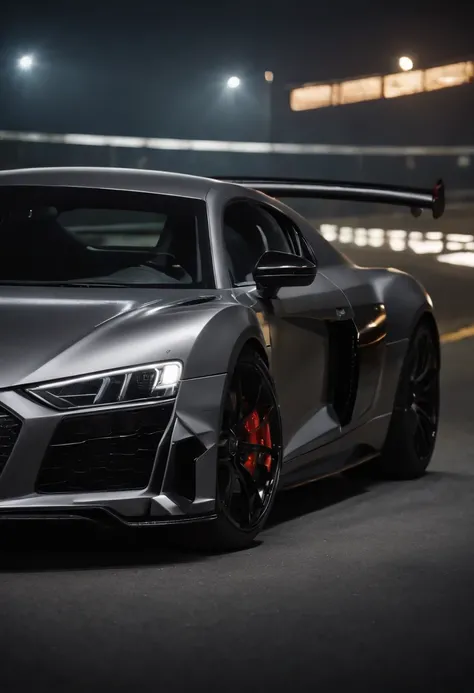 Detailed raw HD photo medium-distance photo of a (full carbon Audi R8 Racecar) with a big spoiler, race decals, racing up a mountain on a curved road looking over a (darkly lit, dimly lit, discreet) grunge city, , menacing urban environment, metal tubes, c...