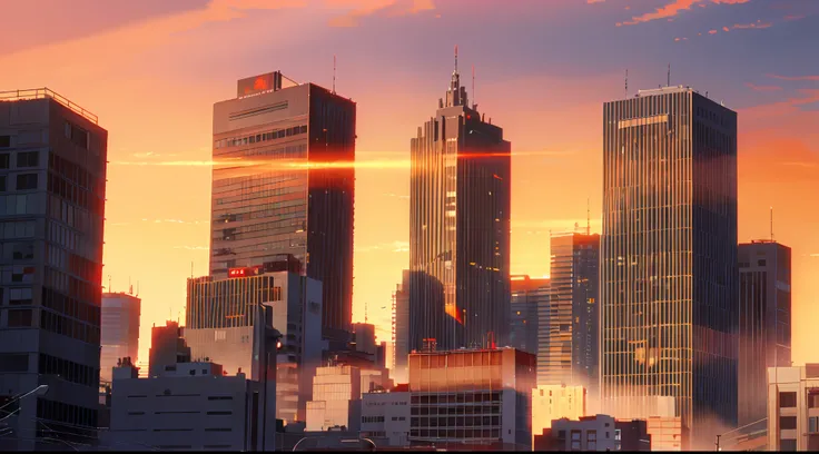 (Masterpiece: 1.2, highest quality), (Lighting) 3, detailed anime-style illustrations, urban buildings dyed by the setting sun looking up from below, buildings in shadow and looking dark and hazy. The entire screen is bright red, Makoto Shinkai, anime styl...