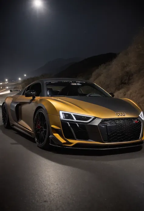 Detailed raw HD photo medium-distance photo of a (full carbon Audi R8 Racecar) with a big spoiler, race decals, racing up a mountain on a curved road looking over a (darkly lit, dimly lit, discreet) grunge city, , menacing urban environment, metal tubes, c...