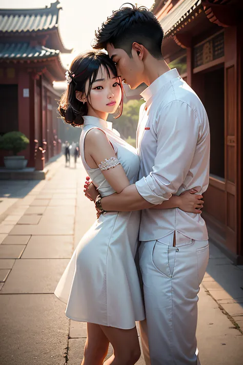 adult Asian Boy and girl, standing in front of buddha temple, hugging each other, looking each other, girl wearing on white ong dress