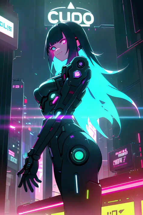 (A girl with cybernetic implants in a futuristic city at night),(neon lights, holographic advertisements, Carros voadores),(best quality,ultra-detalhado,Altas),(Cyberpunk,scientific fiction),(cores vibrantes,tons escuros), (dynamic lighting,Candeeiros de r...