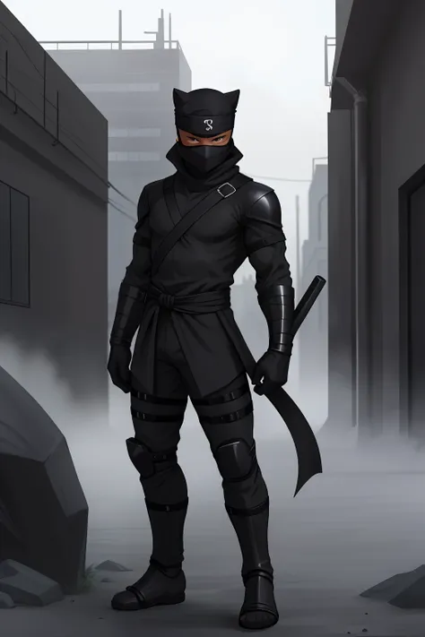 Create an imagine of a black ninja after an apocalypse in the future