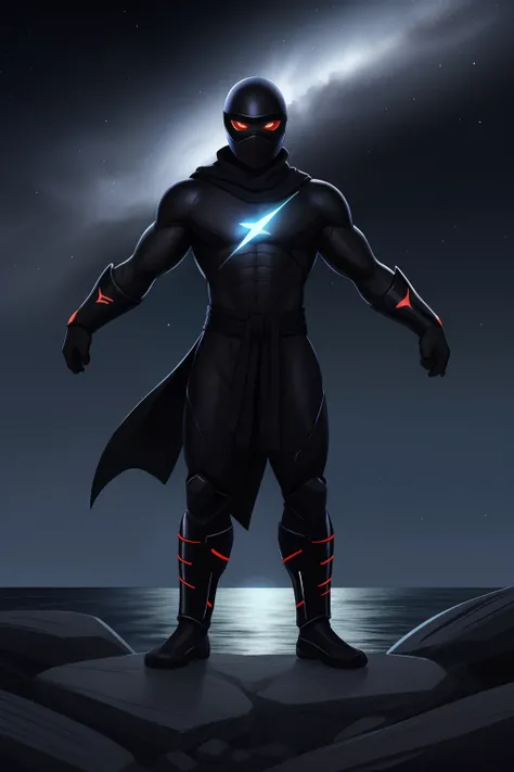 Create an image of a black ninja after an apocalypse in the future full-body shot, olhos firmes, olhando para frente, lightning in the sky, arms extended, olhando para frente, parado no topo de uma montanha, manto e capa vermelhos, cruz brilhante no ar. ,a...