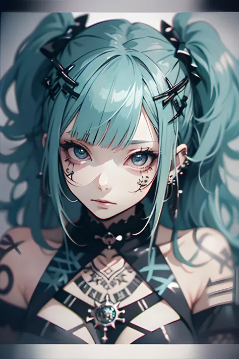 hair adornments、piercings、tattoo、goth_punk, 1girl in, 独奏,、top-quality, Photorealistic, An ultra-fine illustrations, beautiful attractive anime girl, miku hatsune, Slender body, Tied hair, one girls, a photo of girl, Full body shot, Beautiful blue eyes, Tur...