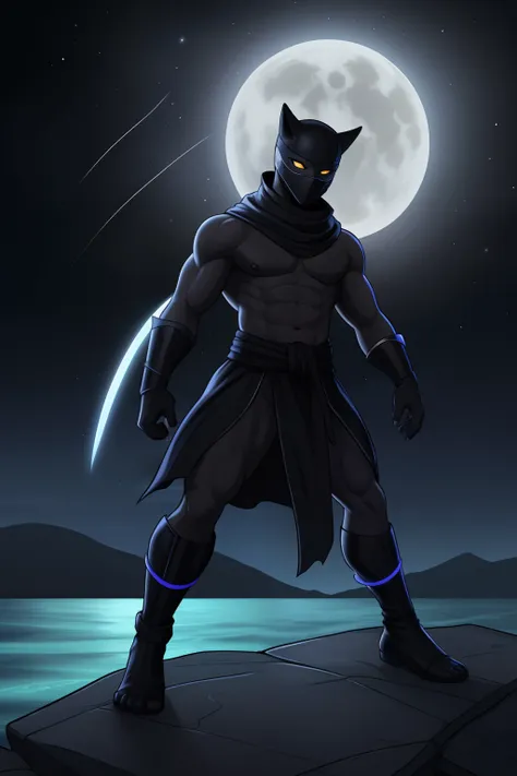 create an image of a black ninja after an apocalypse in the future full-body shot, olhos firmes, olhando para frente, lightning ...