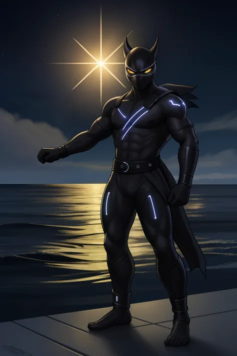 Create an image of a black ninja after an apocalypse in the future full-body shot, Olhos firmes, olhando para frente, Lightning in the sky, arms extended, olhando para frente, parado no topo de uma montanha, manto e capa vermelhos, cruz brilhante no ar. ,A...