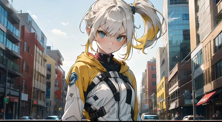 (((girl))),(middle body shot),(split-color hair),(split-color yellow hair and white half),(ponytail Hairstyles),(Heterochromia), downtown, cute girl, urban upbringing,1boy,niji,mecha suits,angry,fight action