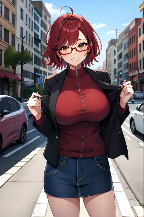 one girl, short hair, red hair, glasses, brown eyes, big breasts, seductive smile, clenched teeth, jacket, City