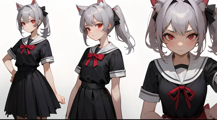 Masterpiece: 1.6, Best Quality: 1.4, Live Image: 1.2, intricate details: 1.2, Graphicsournerv2: 1.2, petite girl, gray hair, red eye color, tsundere, pony tail, cat ears, high school uniform、short sleeves, Adult girl, whitebackground (Single background, wh...