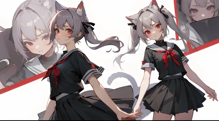 Masterpiece: 1.6, Best Quality: 1.4, Live Image: 1.2, intricate details: 1.2, Graphicsournerv2: 1.2, petite girl, gray hair, red eye color, tsundere, pony tail, cat ears, high school uniform、short sleeves, Adult girl, whitebackground (Single background, wh...