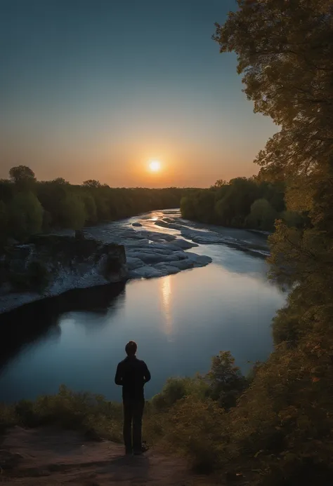 A UPER viewing camera , manque , river, Soft Light , lune, Nuit, boy , Artwork , Masterpiece, Vue du jeu, pixel perfet