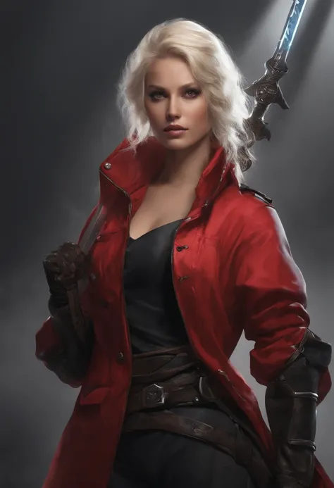 (Master-Teil, best qulaity), Konzeptzeichnung, Full body image of a dark-skinned woman, die eine (big red jacket:1.2) und schwarzes Hemd, Kampf-Pose, Komplizierte Details, chromatische Aberration, (Schwarze Haut:1.2), 1girls, langes lockiges Haar, hellbrau...