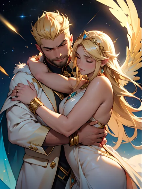 ​masterpiece,top-quality,Fat uncle hugging a woman princess,(Fat uncle wearing gold fur with fur,Fat Man、I have a big stomach、well-muscled、a blond、Wolfcut、Stubble、Man naked only on the upper body,abdominal hair,Body hair is thick,Luxurious bangles with red...