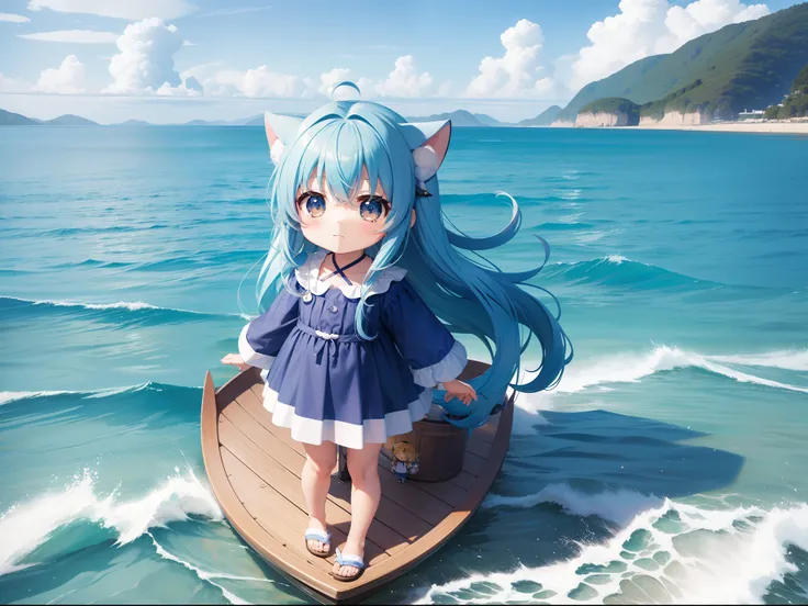 Take a boat on the ocean　Chibichara　long hair with blue hair((Chibi Chara))、Fluffy、girl with、Chibi Chara、full body Esbian、Pastel colors hair、masutepiece、top-quality、