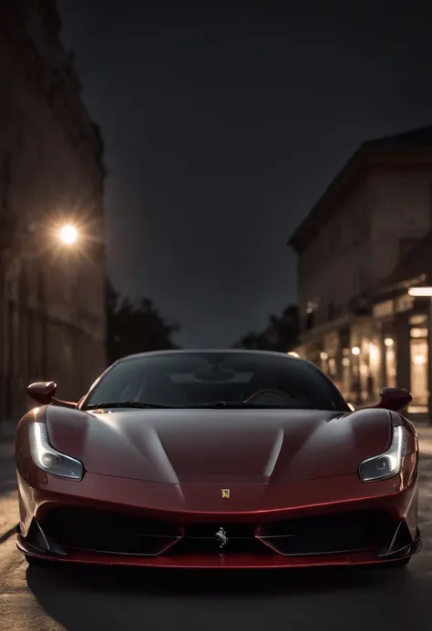 Detailed raw HD photo medium-distance photo of a (ferrari) with a big spoiler, showroom, parked in a parcade (darkly lit, dimly lit, discreet) grunge , menacing urban environment, metal tubes, concreating, decay, micro-details, hyperdetailed, raytracing, r...