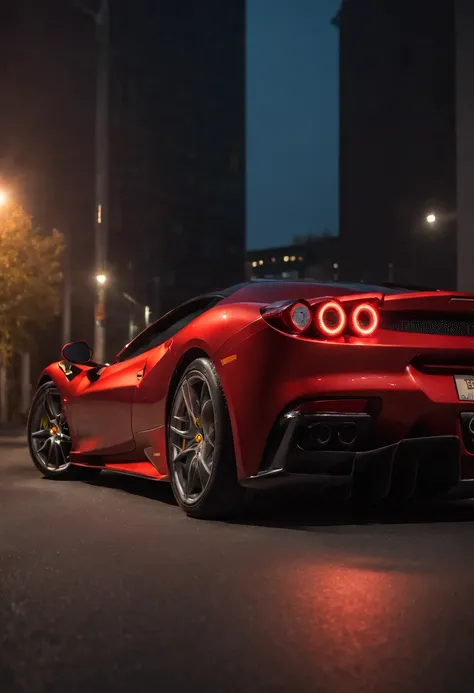 Detailed raw HD photo medium-distance photo of a (ferrari) with a big spoiler, showroom, parked in a parcade (darkly lit, dimly lit, discreet) grunge , menacing urban environment, metal tubes, concreating, decay, micro-details, hyperdetailed, raytracing, r...