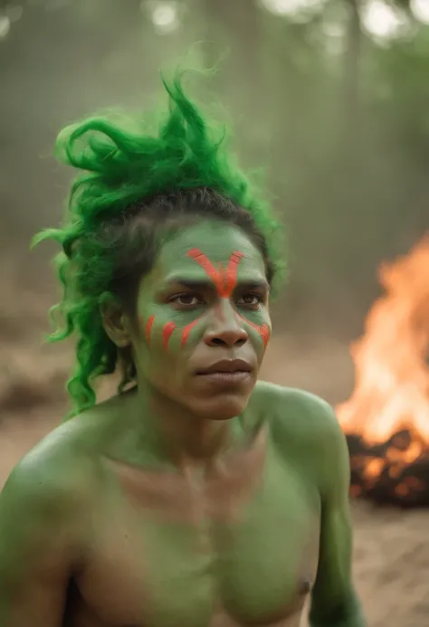 Image of curupira Brazilian folklore with fire hair demon with green body and feet turned back with a whistle on the neck