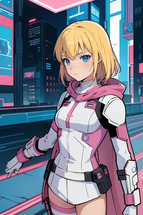 solo, 1girl, (masterpiece), ((16 year old appearance)), Blonde hair, Medium hair, blue eyes, anime girl, pink super hero uniform with white pants, cloak, small breasts, tech Gauntlet, cyberpunk city, nigth