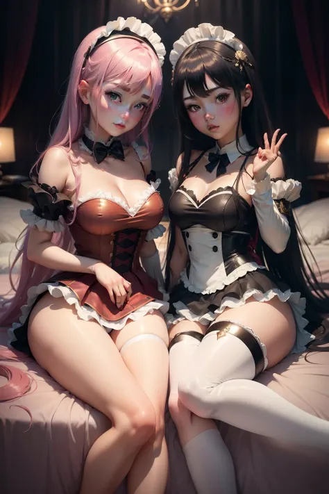 two girls in costumes are posing for a picture on a bed, wlop and sakimichan, artwork in the style of guweiz, anime barbie doll, anime girl in a maid costume, anime girls, anime girl cosplay, two beautiful anime girls, guweiz, trending at cgstation, trendi...