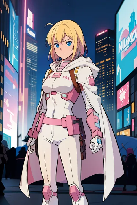 solo, 1girl, (masterpiece), ((16 year old appearance)), blonde hair, medium hair, blue eyes, anime girl, pink super hero uniform...