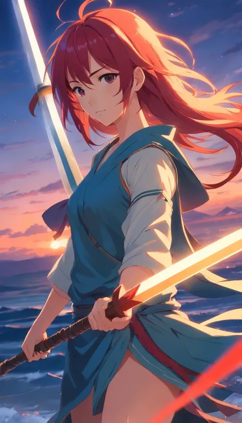 masterpiece, best quality, movie still, a beautiful female warrior holding a spear, with a long red hair, bright, warm soft lighting, sunset, (sparks:0.7)