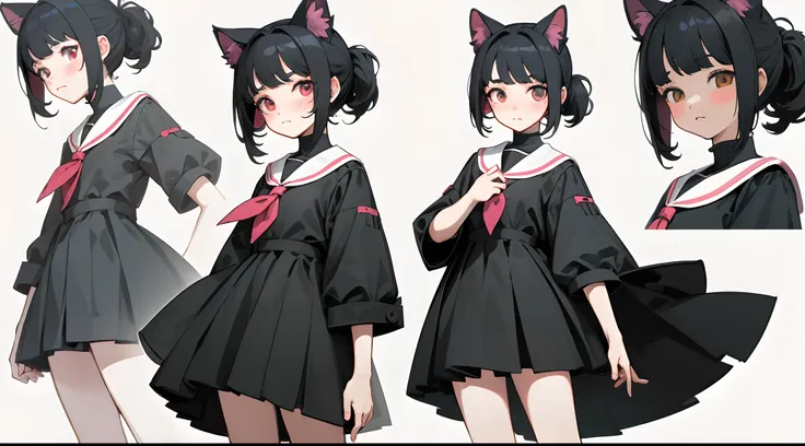 Masterpiece: 1.6, Best Quality: 1.4, Live Image: 1.2, intricate details: 1.2, Graphicsournerv2: 1.2, petite girl, black  hair, Bright pink eye color, confusion, Blush face, hair up to the shoulders, cat ears, black school uniform, inconspicuous clothingSho...