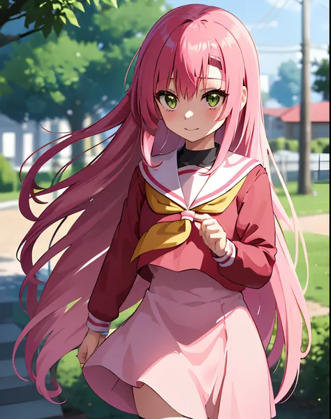 masterpiece, best quality, 1 girl, hinagiku katsura, pink hair, green eyes, very long hair, straight hair, hair between eyes, ha...