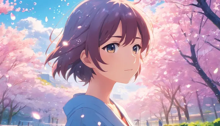 beautiful sakuras in the wind, with sparkling dew drops on the petals, stunning anime art style, vibrant colors, soft and dreamy lighting, high resolution and realistic details.