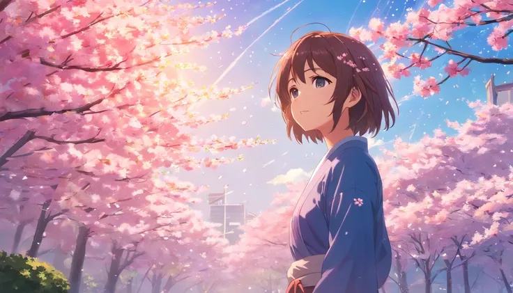 beautiful sakuras in the wind, with sparkling dew drops on the petals, stunning anime art style, vibrant colors, soft and dreamy lighting, high resolution and realistic details.