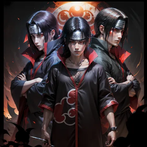 Uchiha Itachi, Sharingan, Ninja, Capa, Protetor de testa, Manto preto, Olhos vermelhos, Cabelo preto, expression serious, Amaterasu, Shuriken, Kunai, Fuma shuriken, Colar, Foco masculino, Jutsu, Genjutsu, Konoha, Akatsuki, Luta, Habilidade, strategy, Misti...