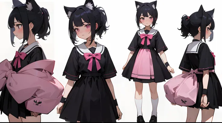 Masterpiece: 1.6, Best Quality: 1.4, Live Image: 1.2, intricate details: 1.2, Graphicsournerv2: 1.2, petite girl, black  hair, Bright pink eye color, confusion, Blush face, hair up to the shoulders, cat ears, black school uniform, inconspicuous clothingSho...