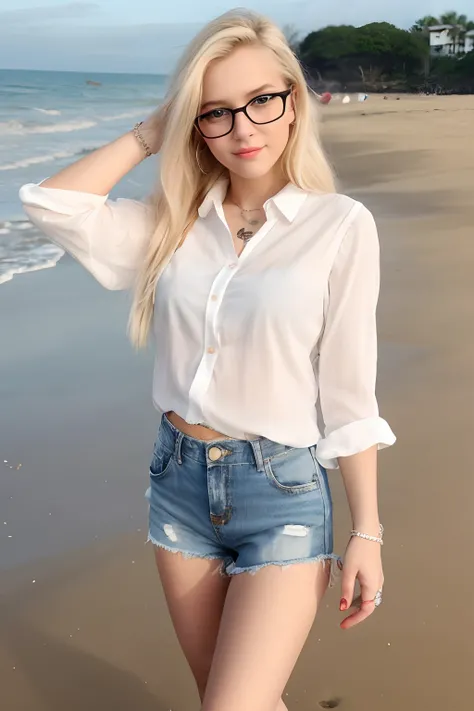 Young blonde girl on the beach wearing shorts, a white blouse, glasses, and piercing.