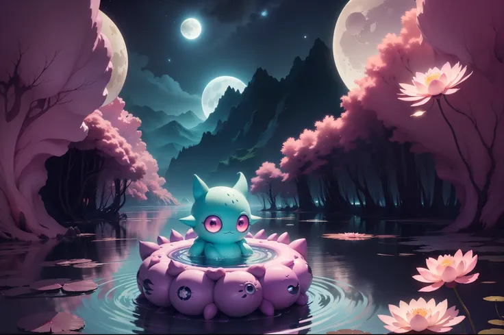 A cute little monster with three eyes forming a triangle, six limbs with five joints, blobbish body covered with bioluminiscent ruffled nuddles. He holds russet paddles with two limbs, he is paddling on a float navigating an alien lake. Flotating round ult...