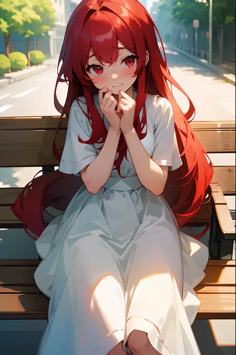 (masterpiece, best quality)One girl with long hair and white dress、One girl in a beautiful street 、is happy、is on a bench、embarrassed from、Blushing、Red hair and red eyes、Keep your mouth shut, flat hairs, looking at a viewer, perfect lighting, thin body, sh...