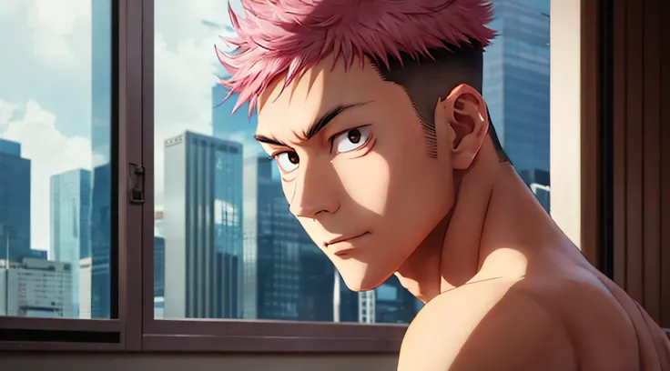 itadori_yuuji, pink hair, undercut, masterpiece, best quality, high quality, 1boy, solo, male focus, looking at viewer, upper body