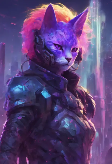 Close-up, expressionist painting-style portrait of a stylized purple haired fantasy cat wearing metallic armor and holding a magic wand, alien cyberpunk cityscape background, 4k ultra high definition, HDR lighting, cinematic color grading, intricate textur...