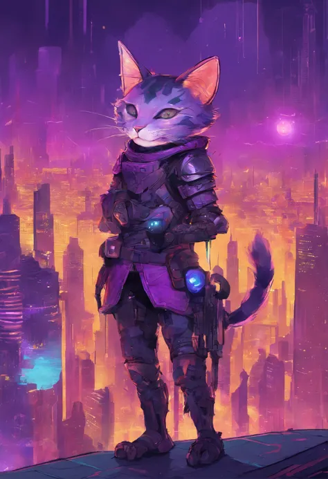 Close-up, expressionist painting-style portrait of a stylized purple haired fantasy cat wearing metallic armor and holding a magic wand, alien cyberpunk cityscape background, 4k ultra high definition, HDR lighting, cinematic color grading, intricate textur...