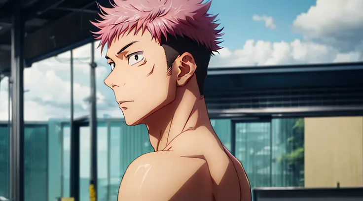 itadori_yuuji, pink hair, undercut, masterpiece, best quality, high quality, 1boy, solo, male focus, looking at viewer, upper body