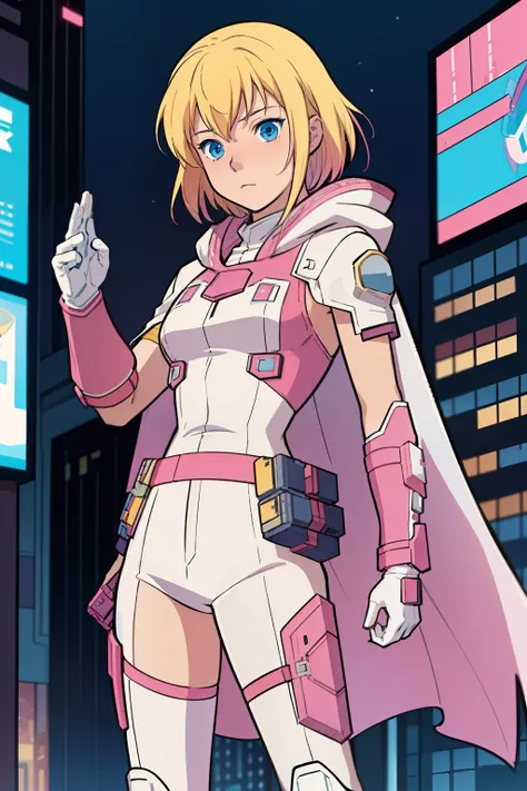 solo, 1girl, (masterpiece), ((16 year old appearance)), blonde hair, medium hair, blue eyes, anime girl, pink super hero uniform...