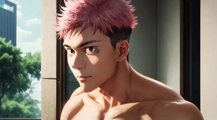 itadori_yuuji, pink hair, undercut, masterpiece, best quality, high quality, 1boy, solo, male focus, looking at viewer, upper body