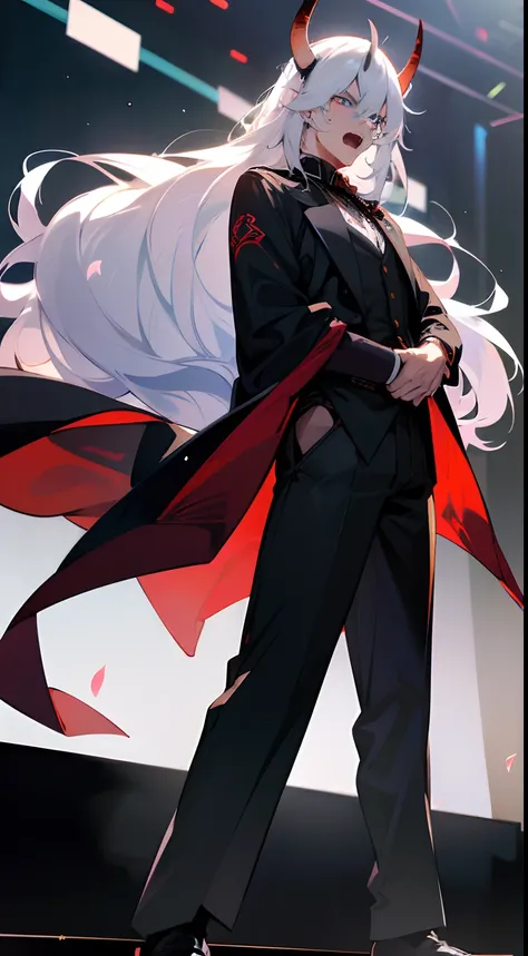 1oni man adult with 40s,serious face,open mouth(((man face))),elegant black outfit,white hair,long hair,blue eyes,oni horns,hd,masterpiece,8k,(((speaking on a stage at a large university)))