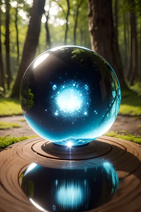 Arafed glass ball sitting on a wooden pole with trees in the background, bola de cristal, bola de vidro, esfera de vidro, uma flor dentro da esfera de vidro, esferas de vidro, dentro da esfera de vidro, Spherical, reflections and refractions, Detailed refl...