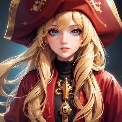 (best quality,highres),(beautiful detailed eyes,beautiful detailed lips),(long eyelashes),(blonde hair),(solo),(red coat),(pirate hat),(official artwork),(professional,vivid colors),(soft lighting),(anime style)