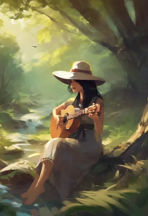 1beautiful woman (solo) with black hair, playing a ukulele, wearing a big rounded hat, sitting under the tree, Sun Ray on her face , behind the Stream , and the forest in the park 8k,