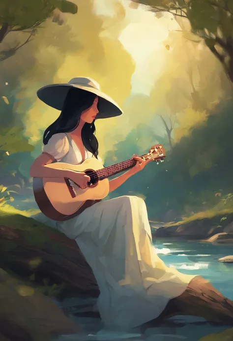 1beautiful woman (solo) with black hair, playing a ukulele, wearing a big rounded hat, sitting under the tree, Sun Ray on her face , behind the Stream , and the forest in the park 8k,