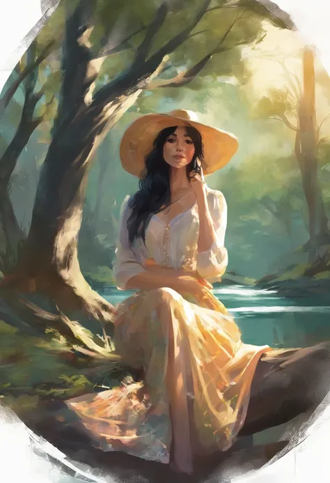 1beautiful woman (solo) with black hair, playing a ukulele, wearing a big rounded hat, sitting under the tree, Sun Ray on her face , behind the Stream , and the forest in the park 8k,