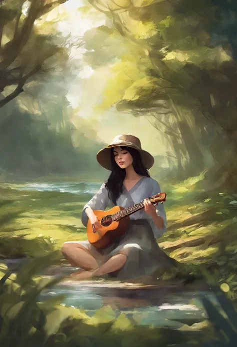 1beautiful woman (solo) with black hair, playing a ukulele, wearing a big rounded hat, sitting under the tree, Sun Ray on her face , behind the Stream , and the forest in the park 8k,